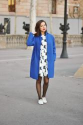 white dress & blue coat