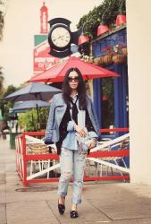 Blue Layering: Distressed Jean + Denim Clutch