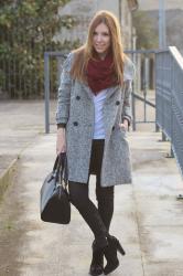 Grey coat and burgundy touch