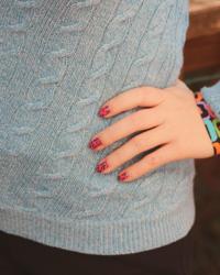 Geometric Print Blouse, a Cozy Blue Sweater, & Colorful Eyeshadow