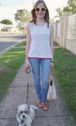 Lace Tank, Jeans, LV Neverfull | Neon Orange Top, Denim Shorts