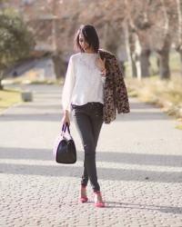 Printed coat and red shoes