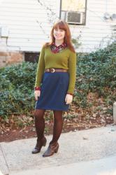 An Olive Green Sweater, Navy Pencil Skirt, & a Cat Print Blouse