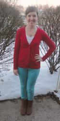 Pinned It and Did It: Red Cardigan & Teal Pants Outfit