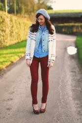 Double Denim, Red Jeans & Rainbow Heels