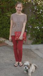 Tee, Red Skinny Jeans, Balenciaga Sang Clutch | Striped Tank, Shorts, Mulberry Suede Lily