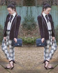 Silk Pyjama Suit Jacket / Plaid Trousers / Chanel Bag