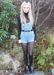 denim dungarees & black turtle neck 