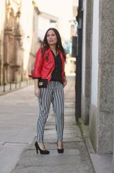 Red biker & striped pants