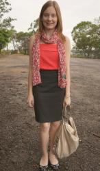 Blue Top, Pink Leopard Print Skinnies, Balenciaga Tempete Day | Pleated Cami, Polka Dot Pencil Skirt, Rebecca Minkoff Nikki