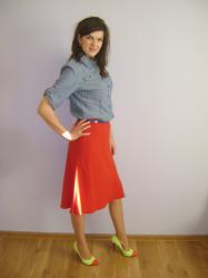 Denim shirt and bright shoes
