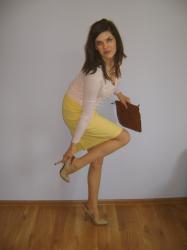 Pink ruffles cardigan and yellow pencil skirt