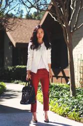 White Biker Jacket and Red Jeans