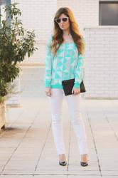 AQUAMARINE, SILVER AND MINT SWEATER AND WHITE JEANS