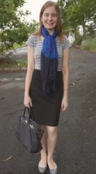 Grey Tee, Pencil Skirt, Marco Tagliaferri Birk Bag | French Connection Print Dress, Pistol Boots, Vintage LV Speedy Bag