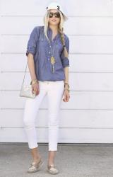 Funky Fresh: Baseball Cap, Denim Shirt, Ankle Pants