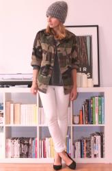 Camo jacket and white jeans