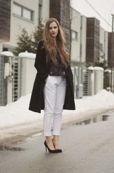 White pants, black coat
