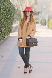 JEANS, CAMEL COAT AND RED HAT