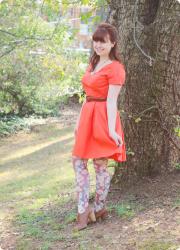 A Coral Orange Spring eShakti Dress & Floral Tights