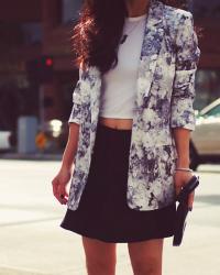 Midriff Style: Floral Blazer + Mini Skirt + Cropped Tee