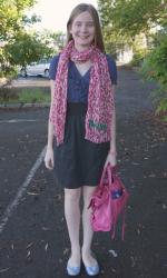 Pink Leopard Print Scarf, Navy and Black Dress, Balenciaga Sorbet City | Grey Skinny Jeans, Tee, Magenta Work Bag 