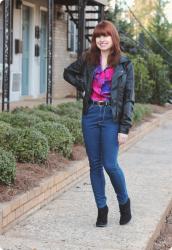 Looking Cooler than I Am in High Waisted Skinny Jeans, a Leather Jacket, & Boots