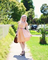 vintage peach summer dresses, stripes and lilac