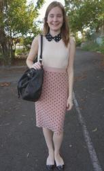 Poppywinkle Top, Polka Dot Pencil Skirt | Zara Frayed Blazer, Printed Tunic Dress, Marc Jacobs Fran Bag