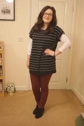 Burgundy jeans and a striped tee...