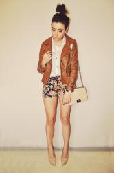 leather&printed shorts