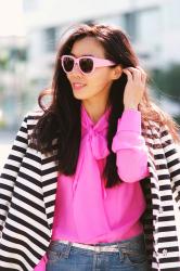 Sunny Sunday Wear: Pink Bow Tie Blouse + Black n White Striped Jacket
