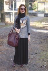 Sequin tiger, pleated maxi 
