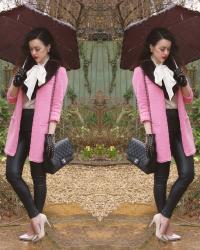 Pink Boucle Jacket / Oversized Bow Blouse / Faux Fur Collar