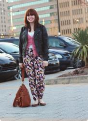 New Floral Pants with a Leather Jacket & Leopard Flats