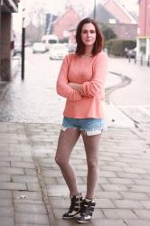 Peach Knit, Boyfriend Shorts and Sneaker Wedges