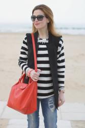 Longchamp bag, boyfriend jeans and stripes