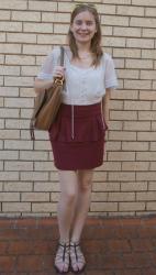 Sheer Top, Burgundy Peplum Skirt, Chloe Marcie Bag | Asos Red Leopard Print Dress, Tan Accessories, Marc By Marc Jacobs Fran