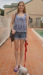 Striped Top, Denim Shorts, Purple MAC | Grey Threadless Tee, Striped Maxi Skirt, Aquamarine Clutch