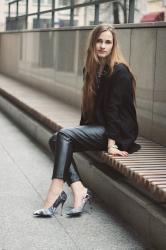 Loose leather pants + high heels