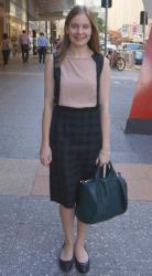 Colour Block Top, Plaid Pencil Skirt, Alexander Wang Rocco | Blue Leopard Print Scarf, Skinny Jeans, Mulberry Alexa Bag