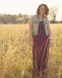 OOTD: Denim Vest, Maxi Dress, Field of Wheat