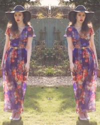 Sheer Floral Maxi Dress / Wide Brim Hat / Gold Belt