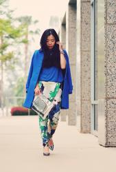 Mix and Match : Silver Clutch, Blue Coat and Floral Pants