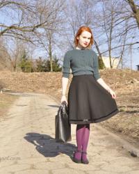 Teal cardigan, purple tights and a lot of sun