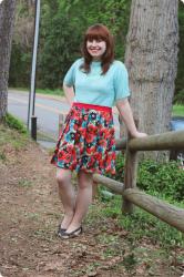 Sky Blue 50s Sweater & a Bold Floral Skirt