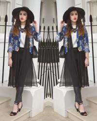 Cropped Kimono Jacket / Wide Brim Hat / Black Gem Necklace