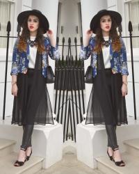 Cropped Kimono Jacket / Wide Brim Hat / Black Gem Necklace