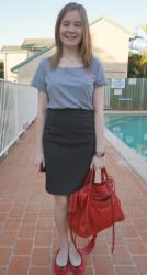 ValleyGirl Ruffle Dress, Marc By Marc Jacobs Hillier Hobo and Flats | Grey Tee, Pencil Skirt, Balenciaga Coquelicot Velo