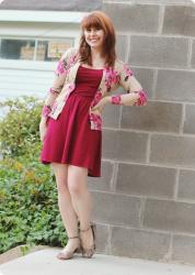 Floral Cardigan, Maroon Dress, & Snake Skin Flats